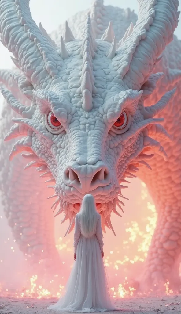 There is a beautiful woman with white hair standing in front of the face and body of a huge white dragon、dragons are pure white, have silver wings, and huge bodies、Dragons have huge faces、Wrapped in pink fire、The ground is burning pink、4K、 real 、The sense ...