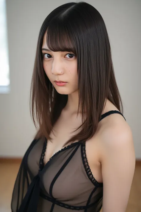 A high resolution photograph of a Japanese adult woman, photo realistic, masterpiece, amazing quality, intricate details, professional lighting, simple background, photographed from the front, facing forward, looking at viewer, upper body,  standing, arms ...