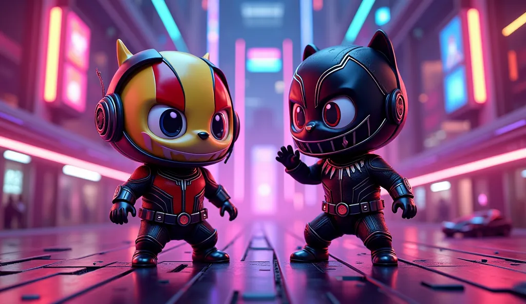 [Prompt: Labubu Cute wearing an Ant-Man costume vs Labubu Cute wearing a Black Panther costume, engaging in a dynamic duel on a futuristic arena with high-speed energy trails, holographic effects, and explosive neon visuals, Labubu Style]
