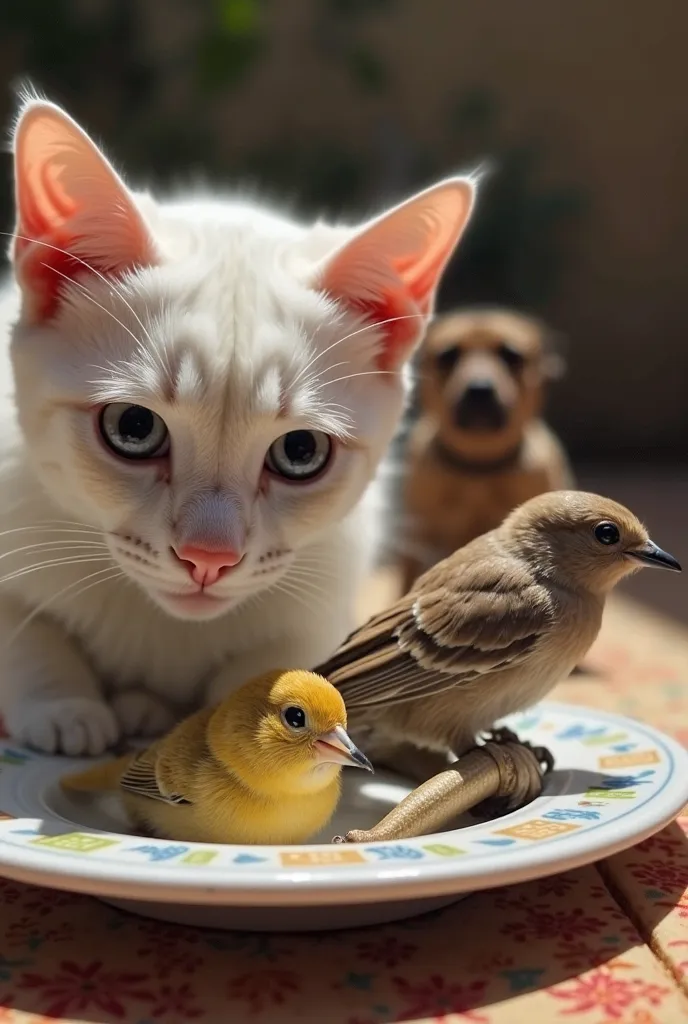 a close up of a plate with a cat, dog, and bird on it, a picture by Bouchta El Hayani, pixabay, ashcan school, pet animal, a handsome, atef, morning hour, at noon, ahhhhhhh, ahestetic, an afghan male type, in egypt, ayahausca, al chang