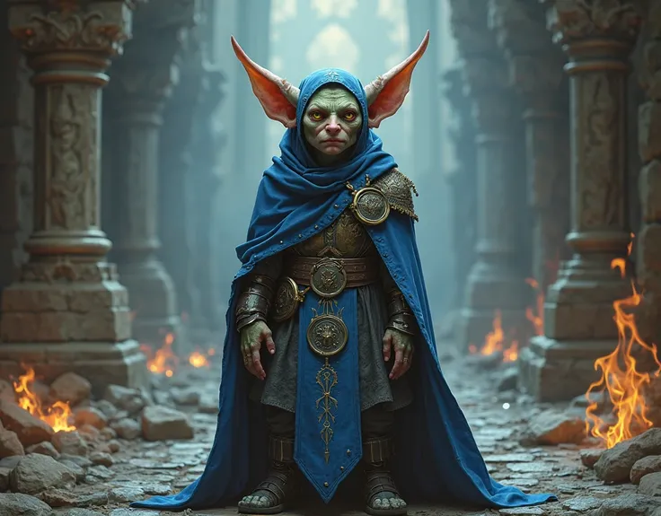 a short goblin priestess, armored, open helm, carrying books, cobalt blue tabard and cape, ioun stone circling overhead, symbol of ioun prevalent, extremely detailed, high quality, fantasy, cinematic lighting, digital art, intricate details, masterpiece
