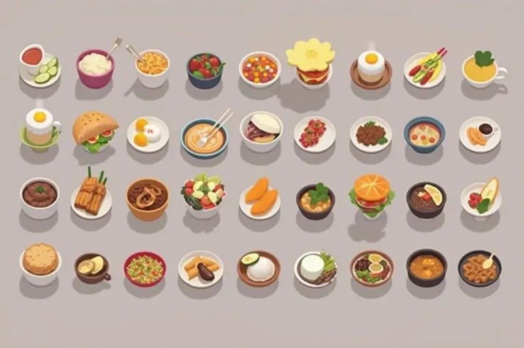 This image is a comprehensive collection of diverse food items, presented in a visually appealing and organized manner. Let's analyze its features and potential uses:

Image Description:

The image displays a grid of 36 individual illustrations, each showi...