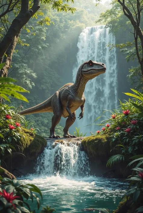 Create a realistic image of a velociraptor in the middle of the jungle taking water from a waterfall 
