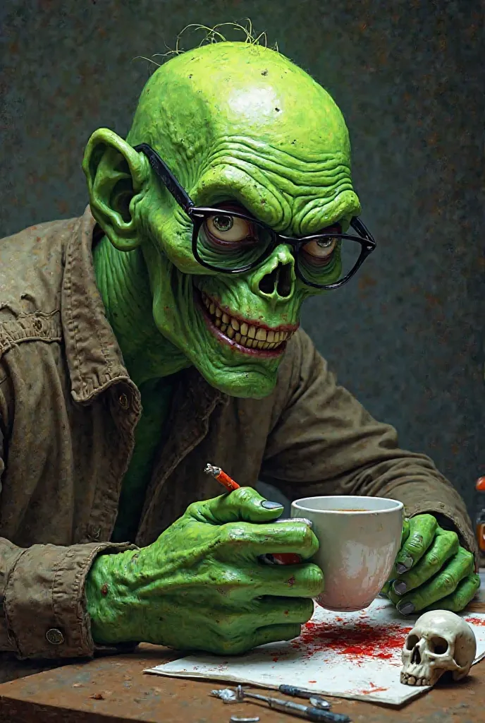 Fluorescent green zombie with no hair on his head, with black glasses and with a funny smile, Sitting painting with a cup of coffee in his hand with cracked gray nails and two small skulls on the drawing table