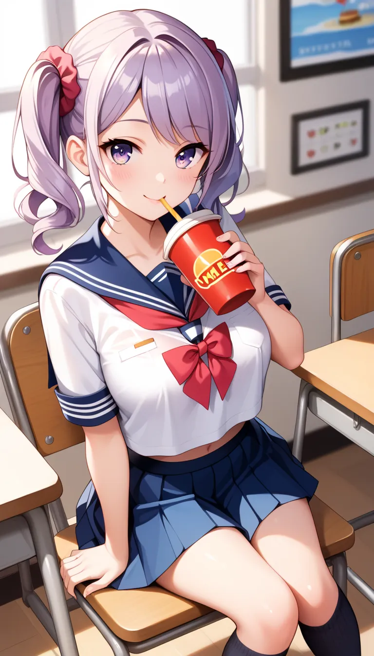 (16k,(masterpiece:1.3),best quality,beautiful,Ultra detailed,extremely detailed, highly detailed beautiful face and eyes, beautiful detailed eyes), 16yo, purple hair, swept bangs, twintails, medium hair, light purple eyes, hair red Scrunchie, (medium breas...