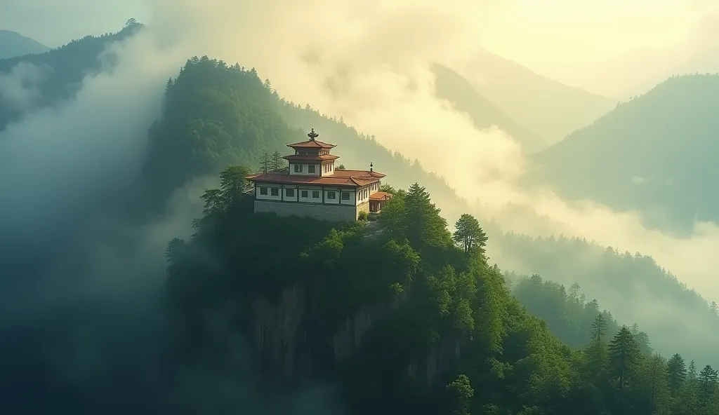 serene Buddhist monastery perched on a misty mountain peak, surrounded by lush green forests and soft clouds, with golden sunlight breaking through the mist, creating a peaceful and spiritual atmosphere —ar 16:9" 