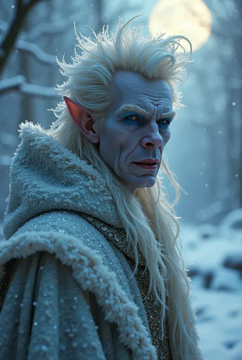 david bowie as the ice goblin king, movie "Labryinth",ice covered,male portrait,intricate facial features,expressive pose,dramatic lighting,fantasy atmosphere,magical winter landscape,ice-covered trees,glowing moon,icy lake,detailed costume,whimsical expre...