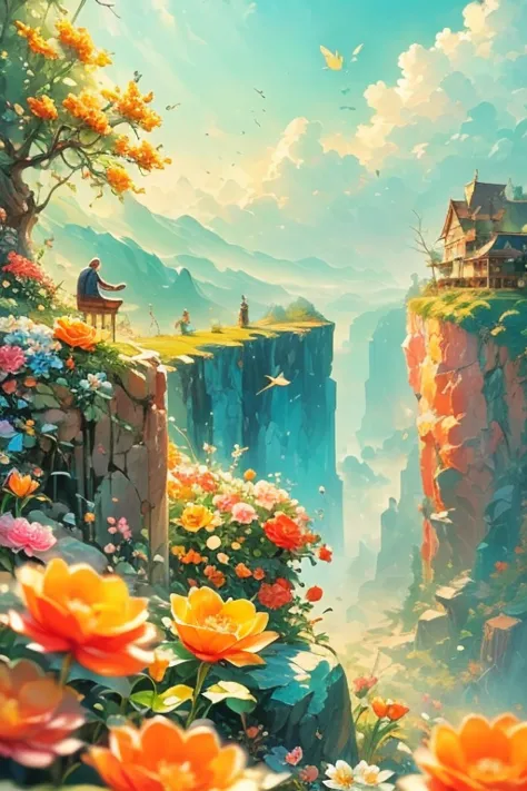 Masterpiece, Large island, colored flowers. Beautiful sky and rocks in the distance. Adventure landscape . Maximum quality,  Detailed.