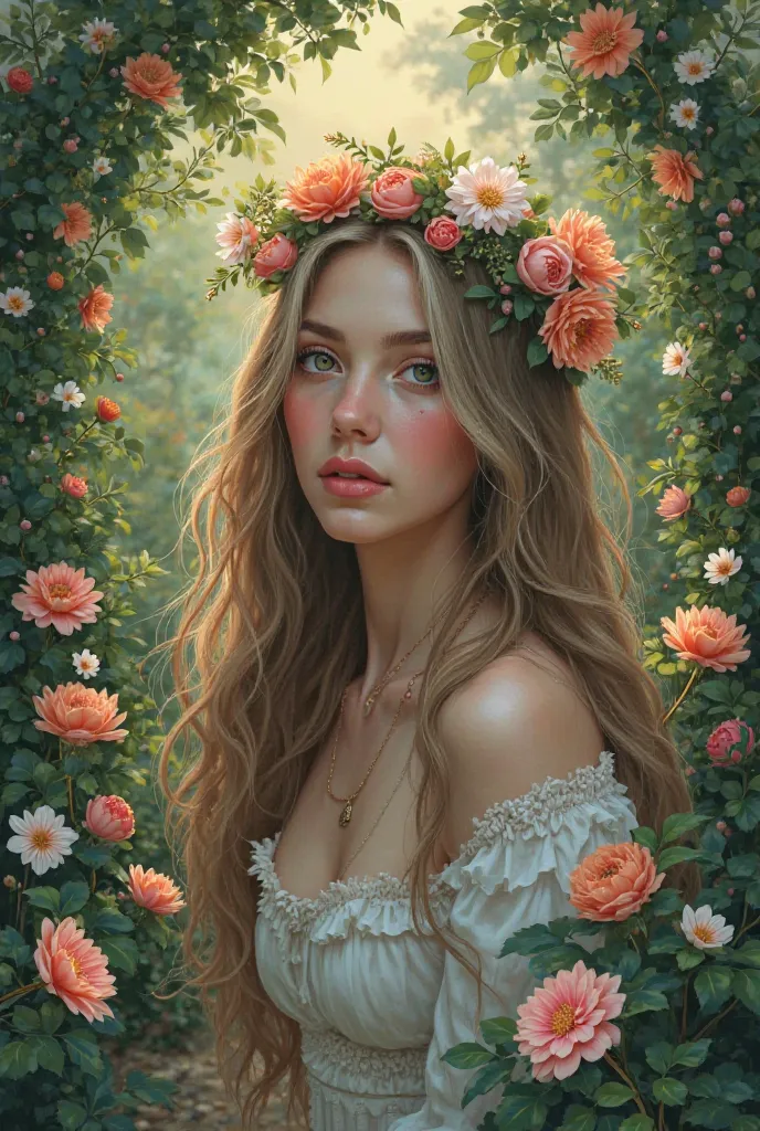 Image with long-haired woman and wreath in a garden with a flowery path. Digital art style