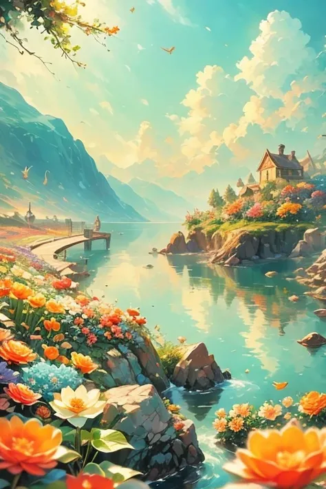 Masterpiece, Large island, colored flowers. Beautiful sky and rocks in the distance. Adventure landscape . Maximum quality,  Detailed.