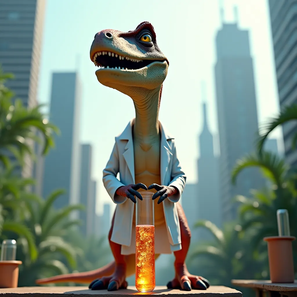 Velociraptor wearing a white scientist's coat on a test tube in front of an urban jungle background