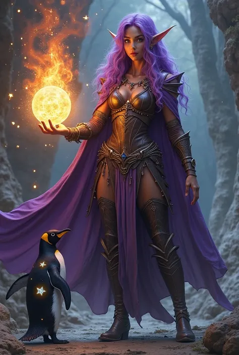  1woman, elf, leather armor, purple cape, brown skin, purple hair, fireball in hand, penguin covered in stars 