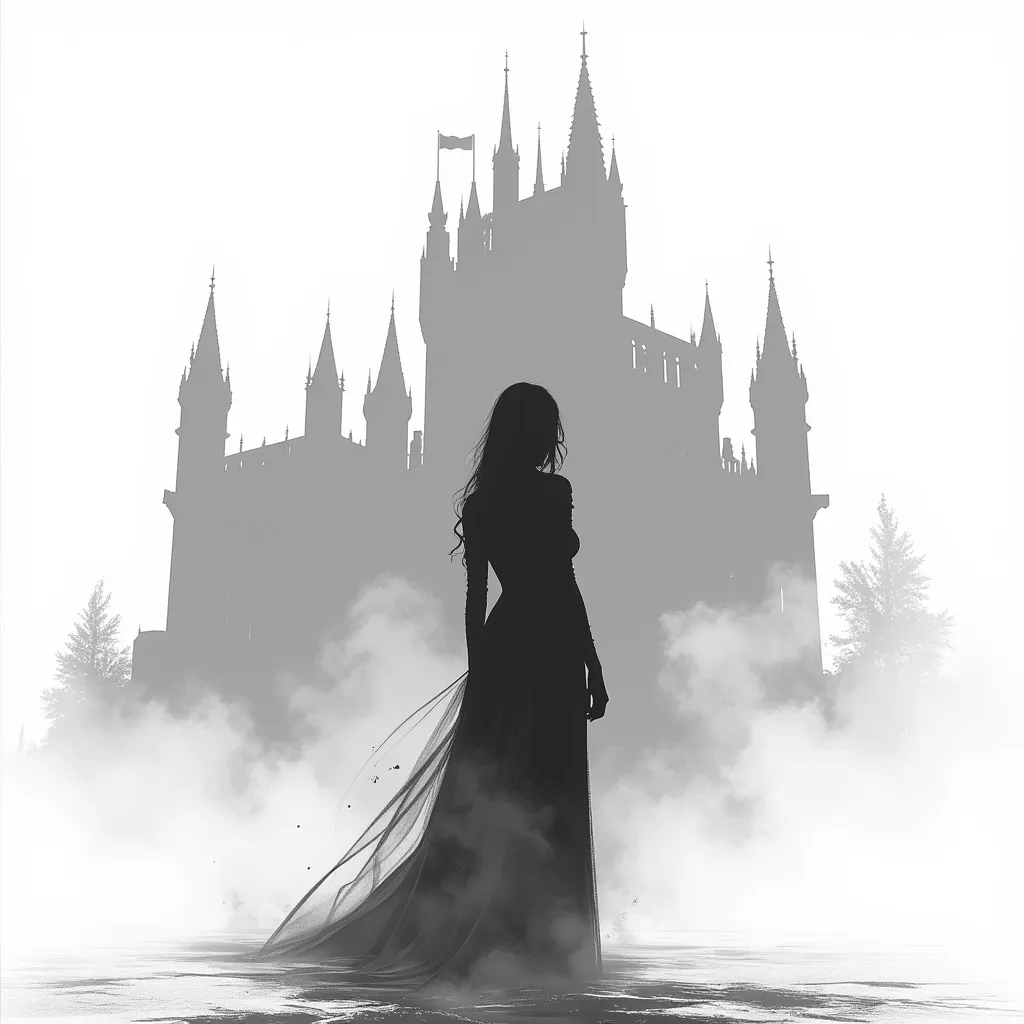 Silhouette of woman in white background with silhouette of haunting castle,gothic