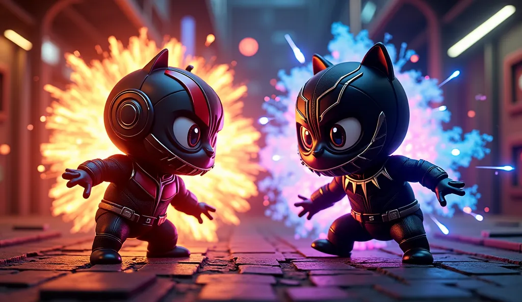 [Prompt: Labubu Cute wearing an Ant-Man costume vs Labubu Cute wearing a Black Panther costume, locked in an intense, high-energy battle with dynamic power surges, explosive energy bursts, and dramatic slow-motion impacts in a chaotic futuristic setting, L...