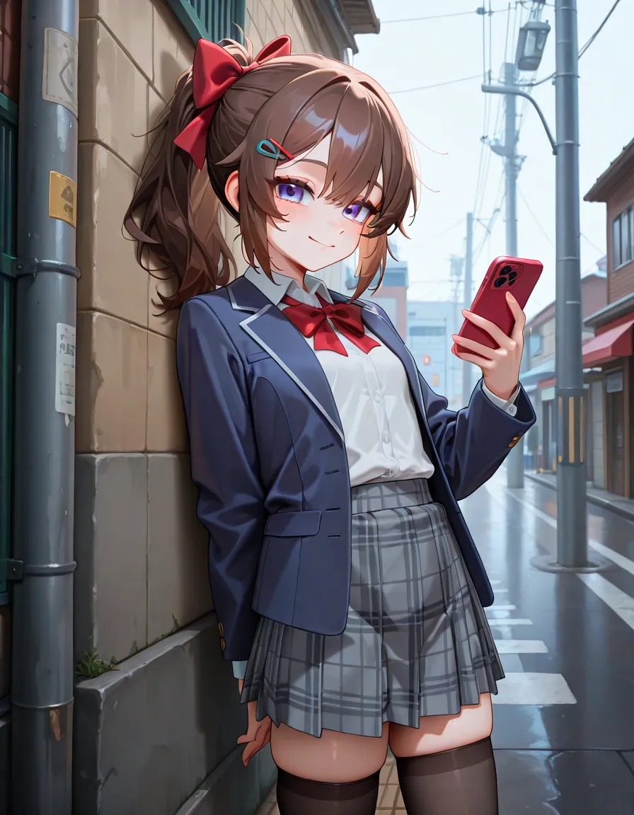 Masterpiece, hd, 1girl, brown hair, cute girl, short girl, flat breasts, pettite, thin leg, ponytail, hair bow, hair clip, outdoor, smile, wearing white collared shirt, red bowtie, dark blue blazer, opened jacket, gray plaid skirt, wearing black thighhighs...