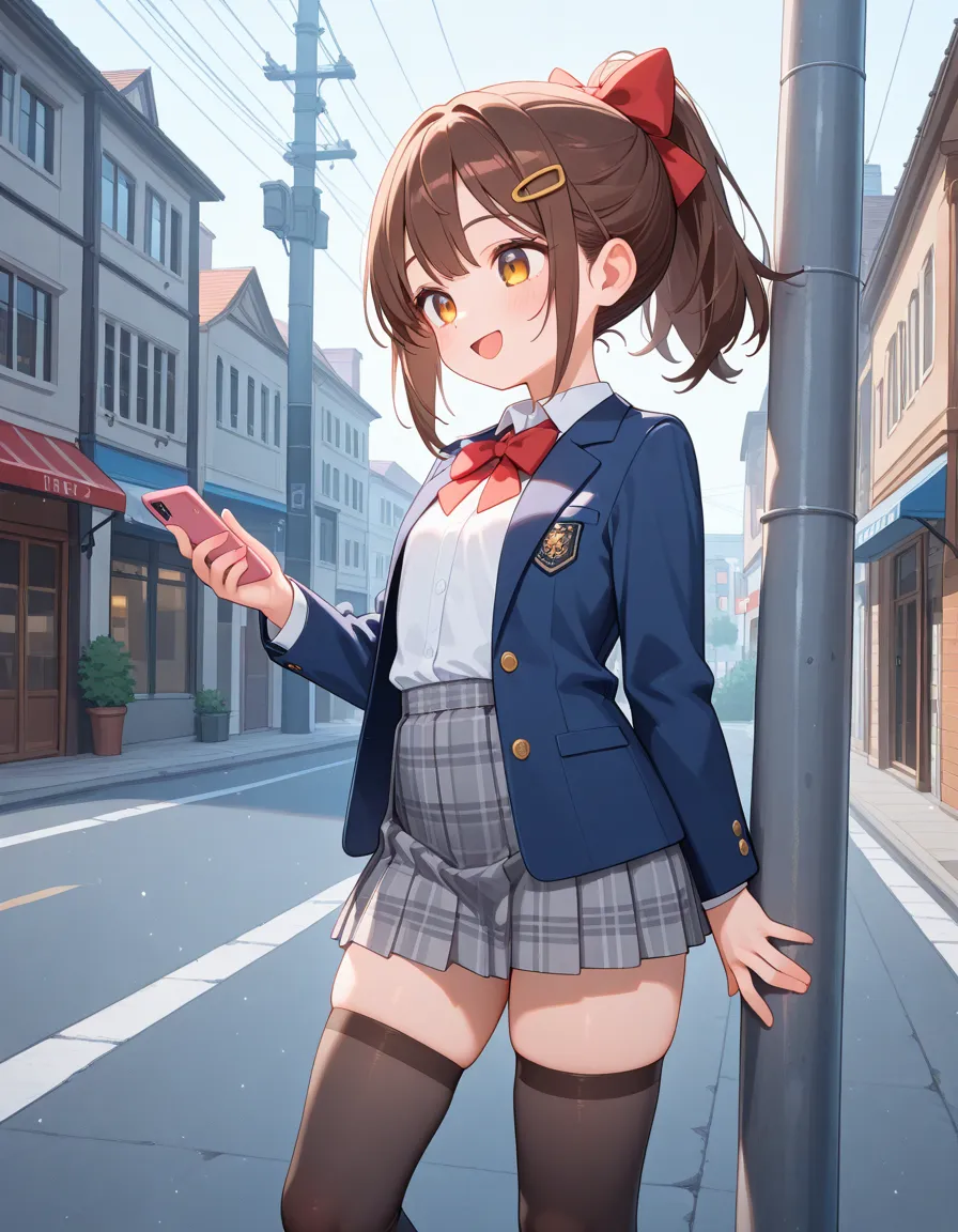 Masterpiece, hd, 1girl, brown hair, cute girl, short girl, flat breasts, pettite, thin leg, ponytail, hair bow, hair clip, outdoor, smile, opened mouth, wearing white collared shirt, red bowtie, dark blue blazer, opened jacket, gray plaid skirt, wearing bl...