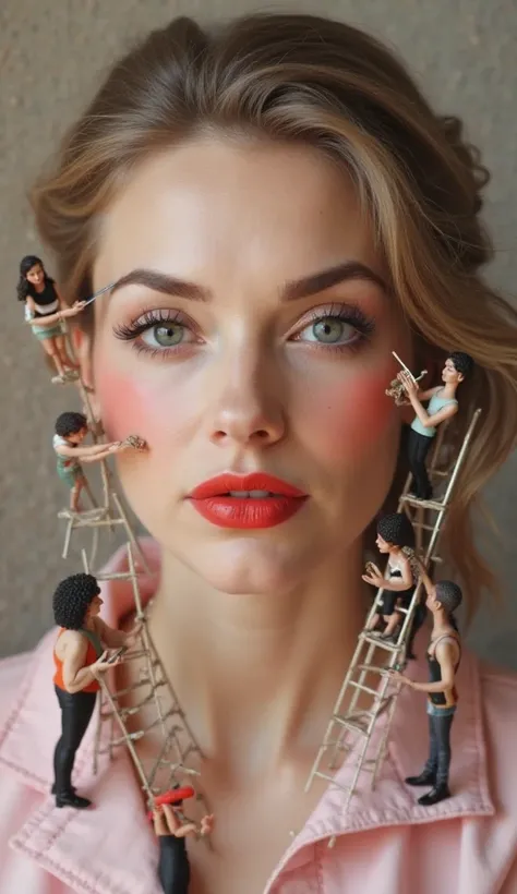 Realistic image of tiny hairstylist people with mini ladders around a lady’s face, one applying blush to her cheeks, another tweezing her eyebrows, one combing her hair, and a cheeky one painting her lips with a giant red lipstick.real