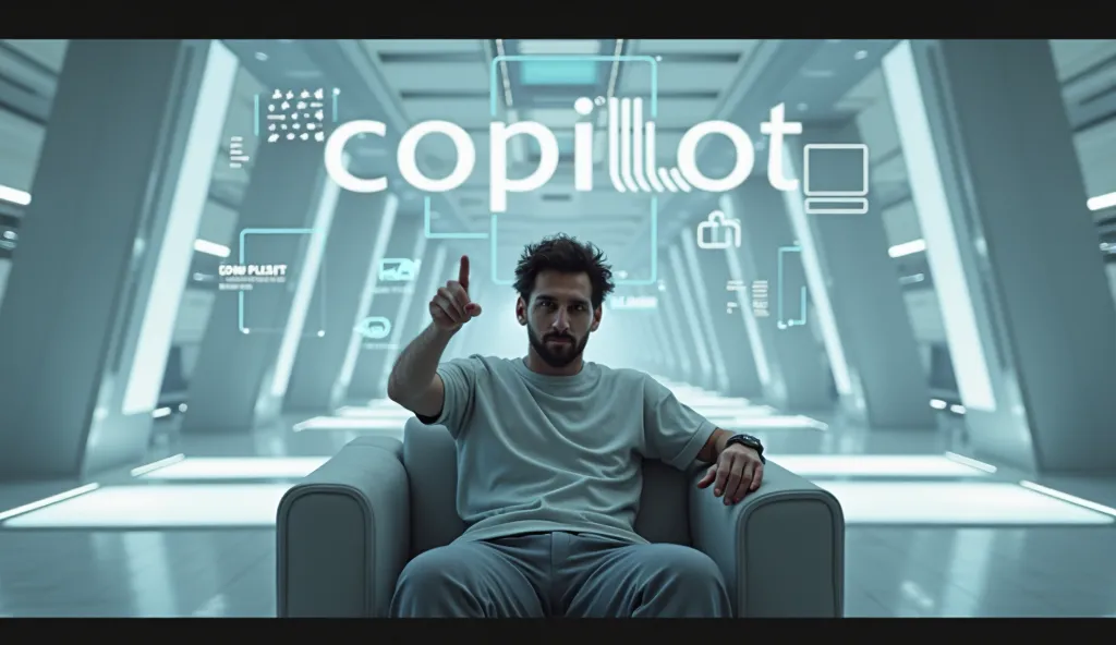 MESSI SEATED POINTING OUT THE WORD COPILOT WITH AN ARTIFICIAL INTELLIGENCE ENVIRONMENT