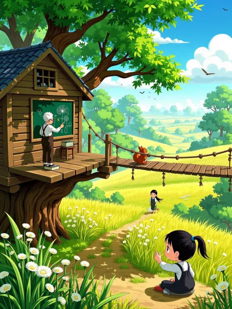 New Gongbi，Cartoon illustration，Picture Books，Hayao Miyazaki，Nostalgia，The branches of a century-old banyan tree stand between the branches of a log tree house，A twine suspension bridge connects to a meadow full of dandelions。An old teacher with round glas...