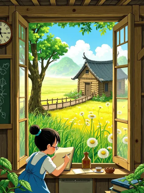 New Gongbi，Cartoon illustration，Picture Books，Hayao Miyazaki，Nostalgia，The branches of a century-old banyan tree stand between the branches of a log tree house，A twine suspension bridge connects to a meadow full of dandelions。An old teacher with round glas...