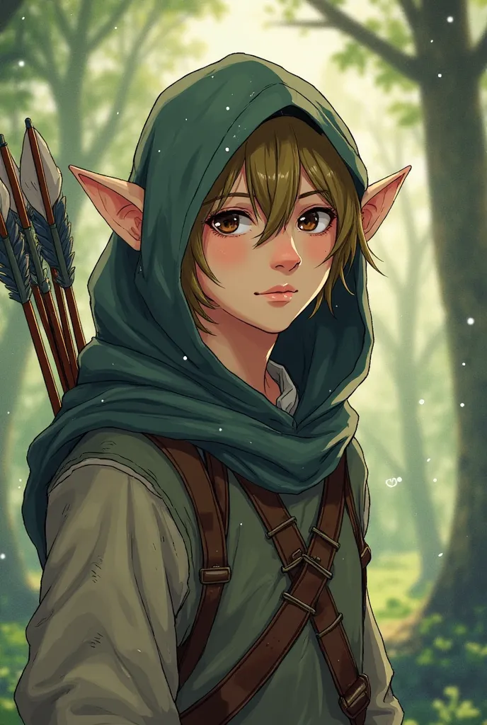 Create an image that shows a male elf in anime art style. The elf's face is visible. He has distinct elliptical features, like pointy ears, expressive brown eyes and a neutral expression. He is between 17 and 21 years old. Show your full body visible. His ...