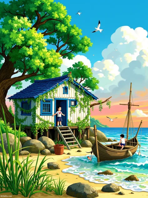 New Gongbi，Cartoon illustration，Picture Books，Hayao Miyazaki，Nostalgia，Surrounded by vegetation，Lush ，Blue and white wooden house covered with vines stands beside a reef，Faded fishing nets hang bamboo poles，Seashell wind chimes softly in the salty sea bree...