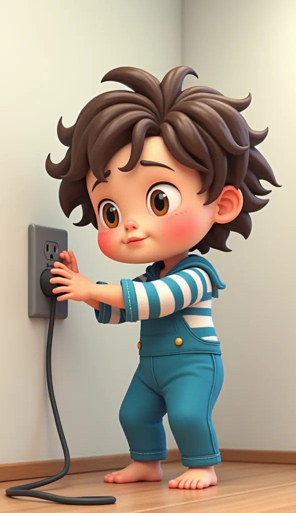 Give me the image of a  boy with slightly long brown hair,  thick lips and brown eyes  ,  slapped nose ,wearing blue striped jumpsuit clothes, in danger, Like sticking my finger in the outlet plug,

