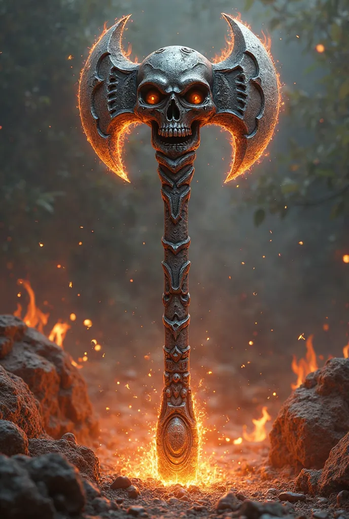 A giant axe with bloodstains, slightly worn, With a skull in the handle, flaming flames around