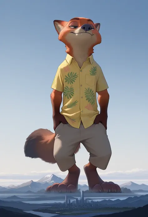  Masterpiece ,Best quality,amazing quality,
 solo, a male,  man, Nick Wilde, Zootopia , khaki shirts, green Hawaiian shirt,  paws rise above the clouds, macro, giga-sized, Giant, high face detail, high body detail, 4k quality, full length