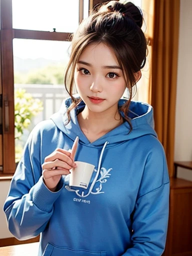 beautiful woman under hoodie。bun hair。 blue china clothes。 blue china clothes風のスリットの入ったロングスカート。