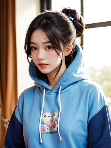 beautiful woman under hoodie。bun hair。 blue china clothes。 blue china clothes風のスリットの入ったロングスカート。