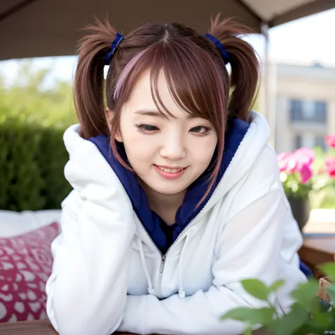   1girl  , grin , :3, twintails, upper body,   own hand to mouth, sees viewer, half-closed eyes,  hoodie, Pink hair,  blue eyes ,