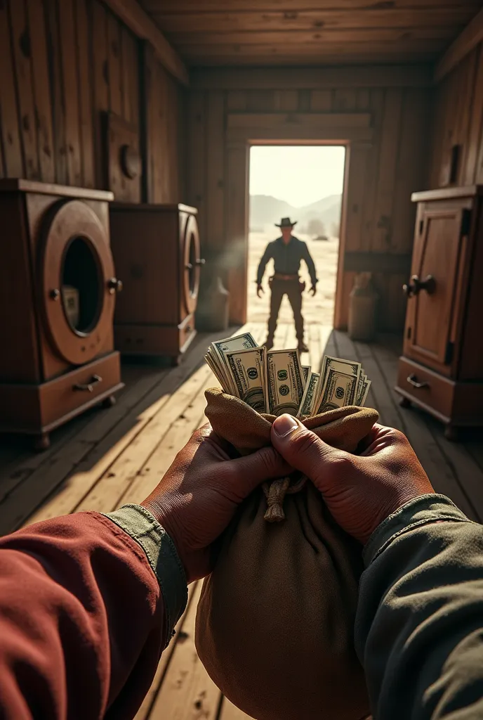 
"An ultra-realistic point-of-view image (throw), capturing the first-person perspective of an outlaw robbing a bank in the Wild West. The character's hands hold a bag of money while armed sheriffs appear at the door.  The environment has wooden furniture ...