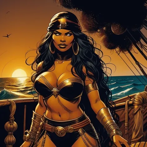 Art inspired by John Buscema, pirate captain,   white Caucasian woman  ,   long hair, wavy,  with black hair, voluptuous,   arrogant  ,  African tribal clothing for women ,   dagger adorned with jewels on her belt, scimitar in hand, on the deck of your shi...