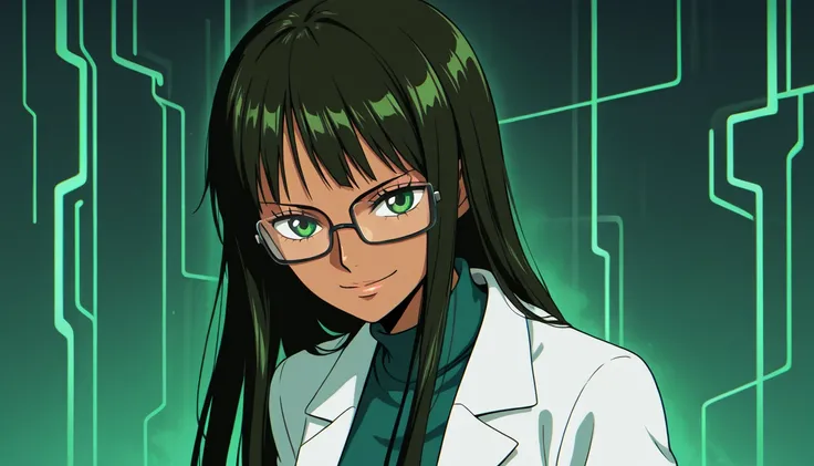 A woman, dark brown skin tone, slim body, dark green straight hair, bright green eyes, confident gaze, confident smile, scientist glasses, scientist lab coat, turtleneck dress, white laboratory backdrop with holograms, "anime art, One Piece style, anime li...