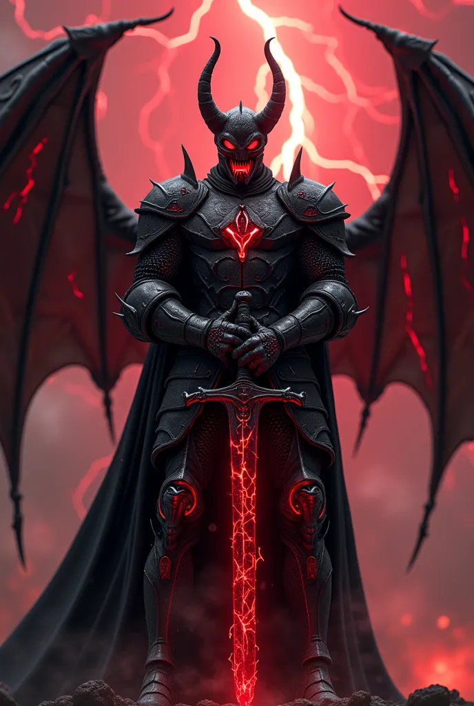 Dark Knight in black armor with bright red cracks, With three bright red eyes, with a hot red mouth, With giant wings, a storm of red lightning on top of him and a black sword with bright red cracks