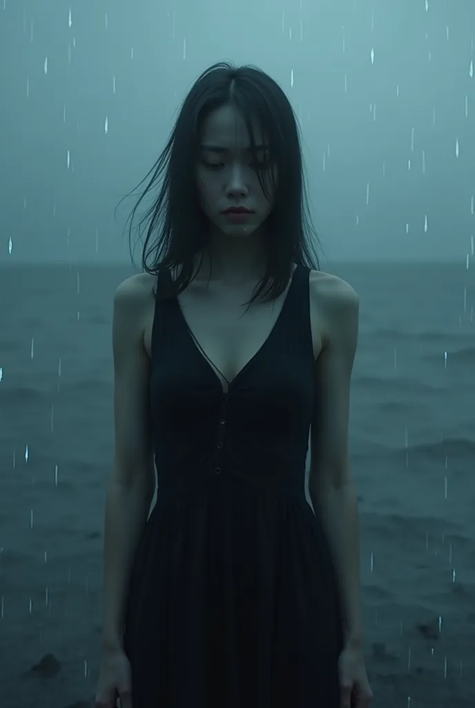 woman, sad, cry, raining, in black horizon, blue light, blue pinpoint light,  dress, front a glass