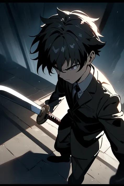 Young anime boy with katana above his head and bent knees wearing black suit