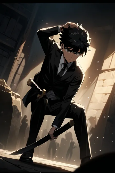 Young anime boy with katana above his head and bent knees wearing black suit