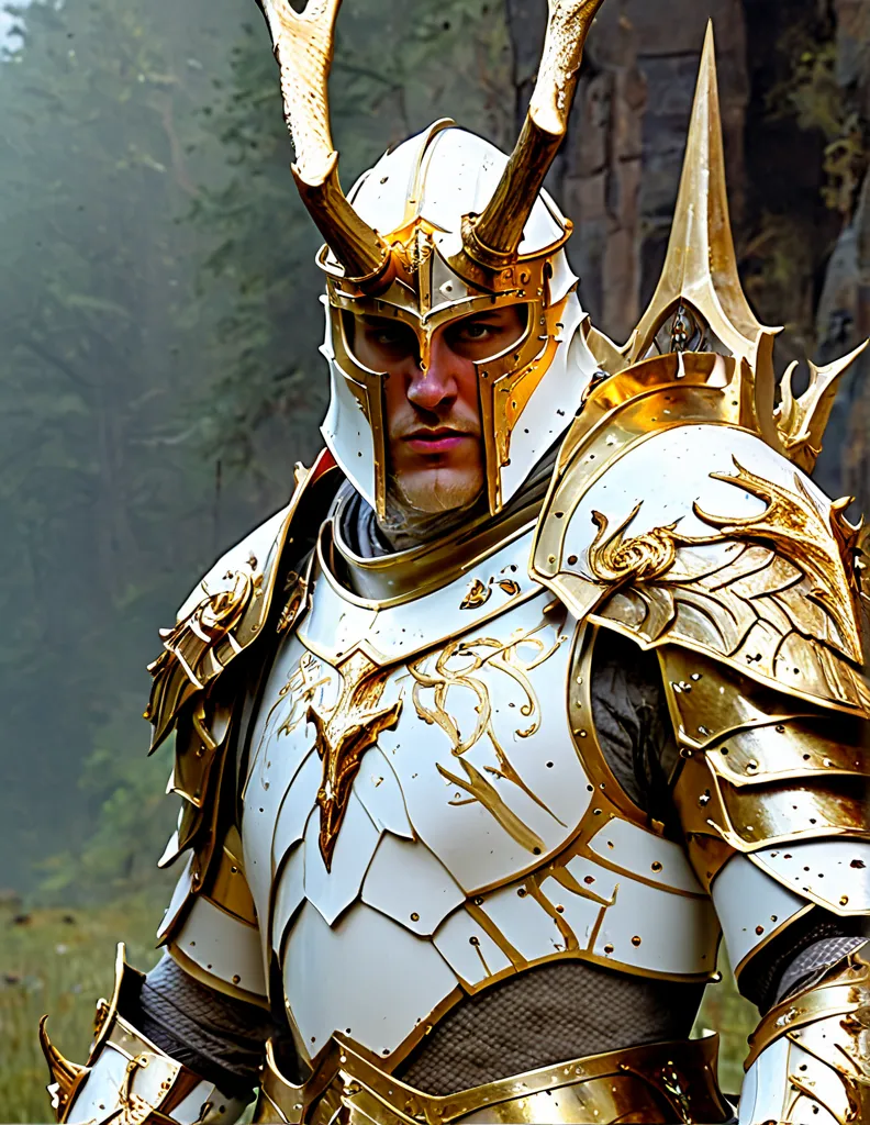 Fantasy, portrait, human, paladin, white and gold armor, full helmet with golden antlers, halberd in right hand, shield in left hand 