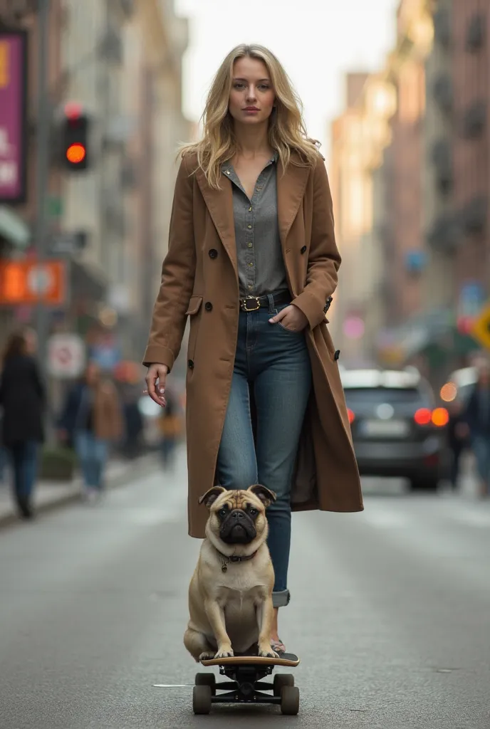 Make me a woman on an ELECTRIC skateboard walking through the streets of a big city, the woman is a blonde twenty-year-old girl,  thin, green eyes big lips, Who is a lawyer, can be seen by the way she dresses . She is on top of her skateboard she has a pug