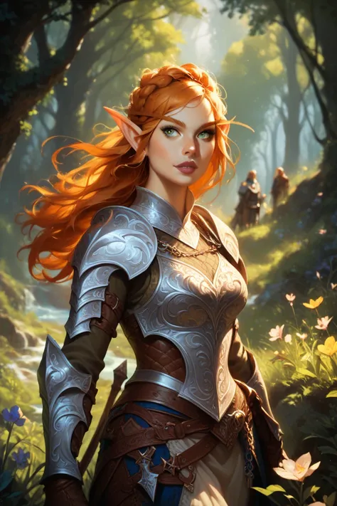 femele elf, warrior, medieval fantasy, forest, long golden hair