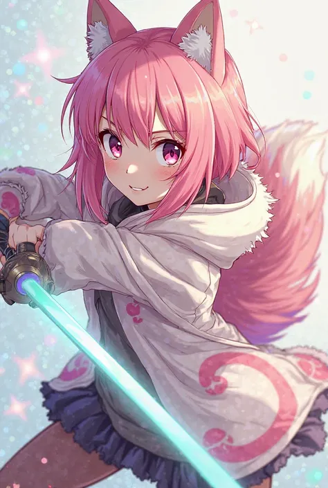 An anime-style character with sharp and clean line art, featuring pink hair, Shiba Inu ears, and a fluffy Shiba Inu tail. The character is in a battle-ready stance, dual-wielding swords similar to those in Sword Art Online, with sleek, futuristic, or fanta...