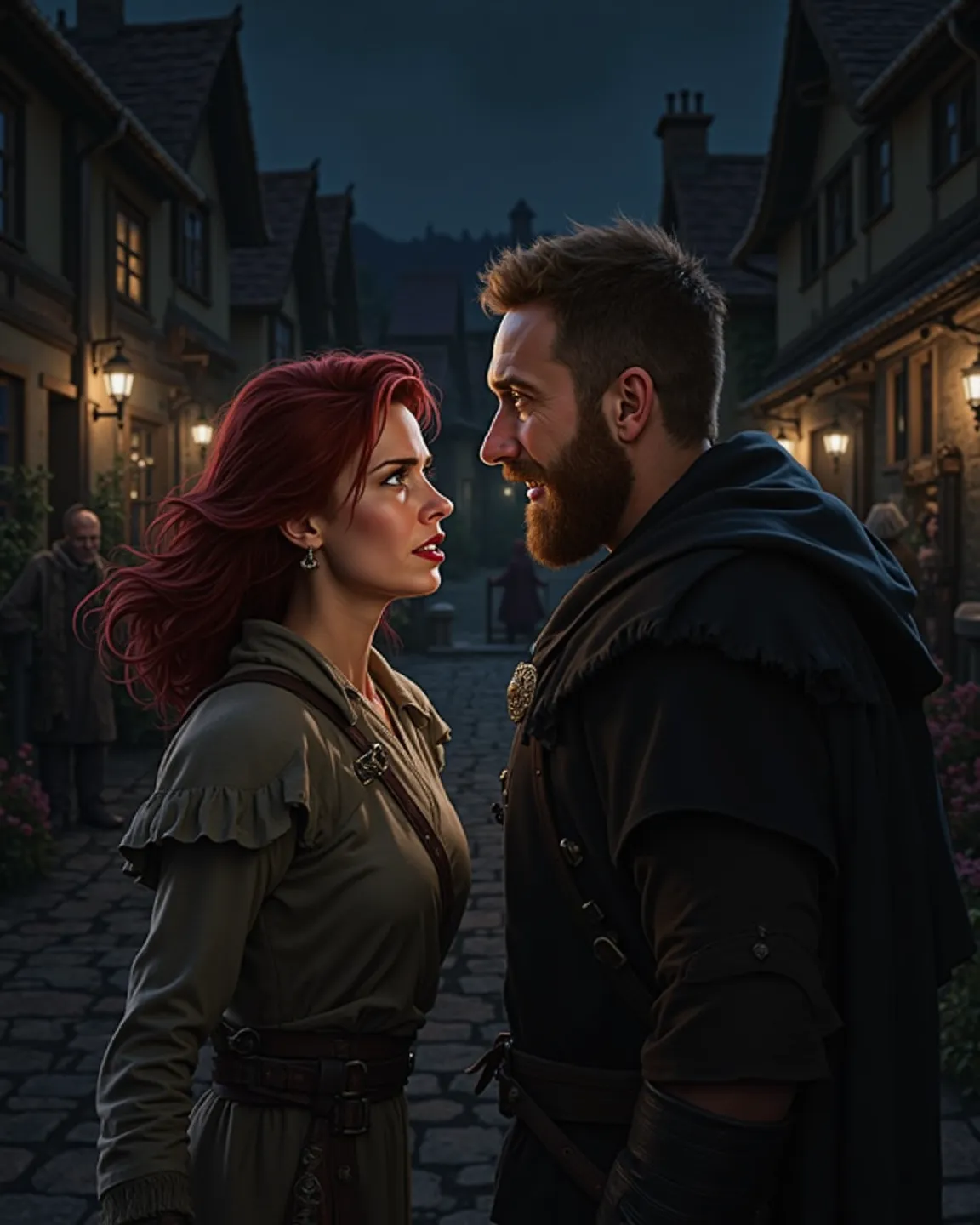 A red-haired woman with a frightened look at her twin brother Templar with short red hair with a short beard who is aware that she is lying in the Village near other people during the night