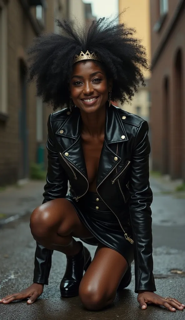 obra prima, melhor qualidade, ((one tiny midget black rocker chick, anorexic, bushy afro style hair, golden tiara, sweaty face,)) sage steele, ((((in a dark alley, crouching, knees spread, shoulders tilted way back, arms above her head, mouth-open smile wi...