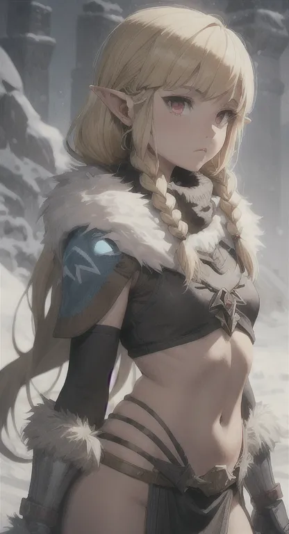 Dinosaur era, Prehistoric Hylian, Devine princess, Hylia, blonde, red eyes, bandit braids, looking at viewer, long messy hair, prehistoric Hyrule, lore accurate prehistoric fur armor, fur loincloth, winter armor,