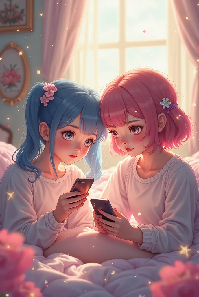 Create an image of two girls watching Instagram, That they look like an anime