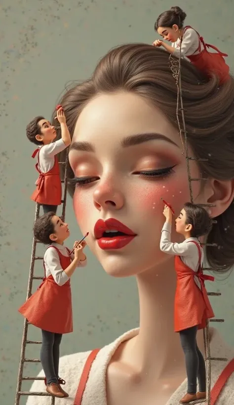 Realistic image of tiny female hairstylists, dressed in matching professional aprons (not cartoonish), working around a lady’s face with mini ladders—one applying blush to her cheeks, another tweezing her eyebrows, one combing her hair, and a small one car...