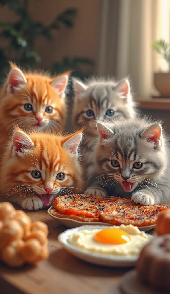 Orange kittens are eating🍳🥚🍖and gray kittens are eating🍳🧈🍗 Happy