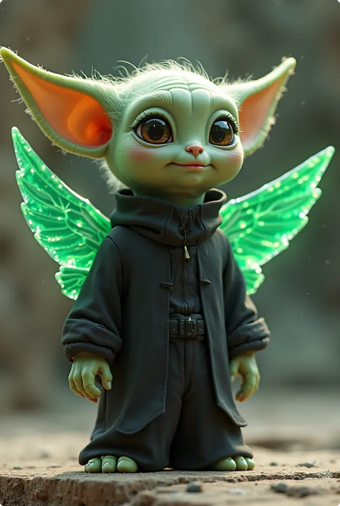 Grogu black outfit with wings green 3d cartoon 